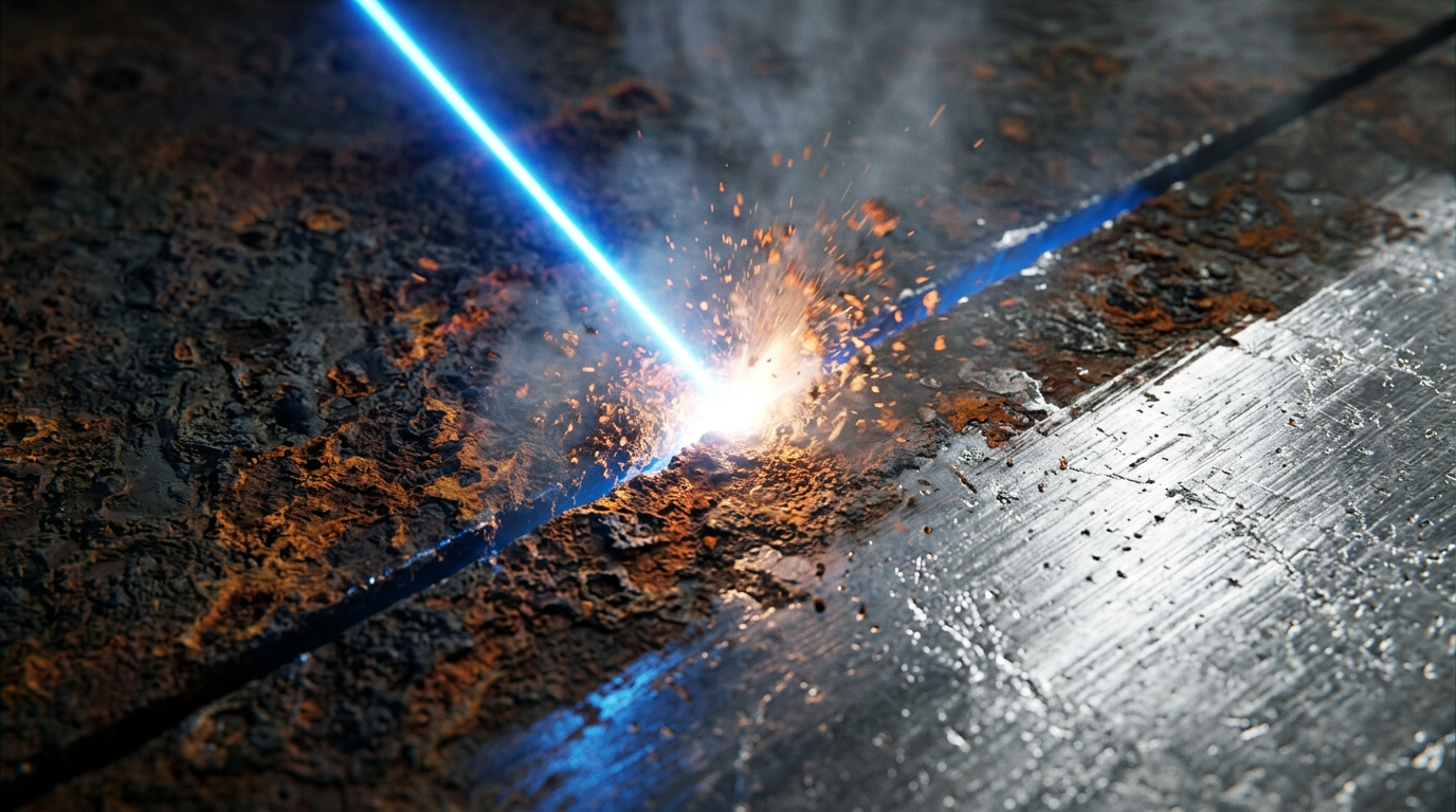 Close-up of dark corroded metal surface with bright electric blue laser beam cutting diagonally across, vaporizing rust particles and revealing clean steel beneath, with intense glow and light scatter at the ablation point.
