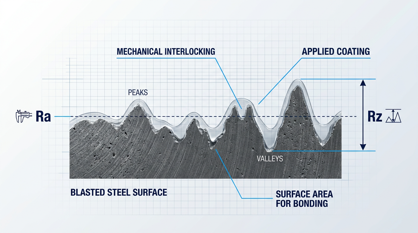 Cross-sectional diagram of blasted steel surface showing microscopic peaks and valleys with transparent coating layer mechanically interlocking into the profile. Ra roughness line and Rz peak-to-valley measurement labeled with electric blue annotations.