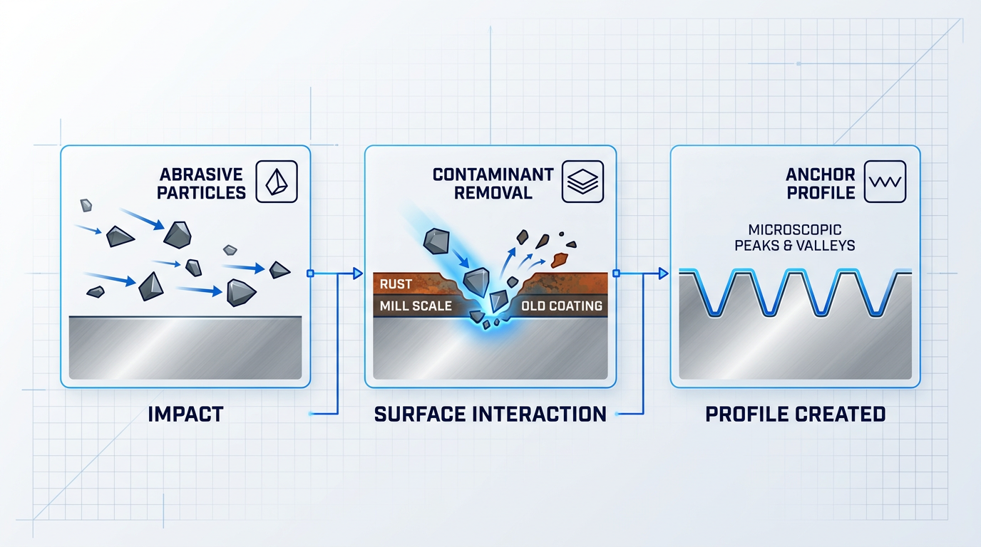 Three-stage process infographic showing grit blasting: angular particles traveling toward steel surface, contaminants being struck and removed at impact point, and resulting microscopic peak-and-valley anchor profile in clean substrate.