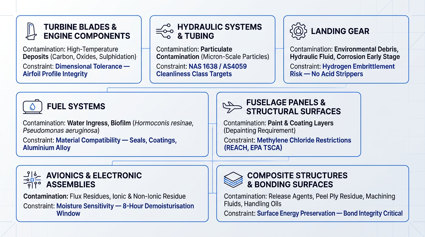 Seven-category grid showing aerospace component types with contamination profiles and cleaning constraints: turbine blades (high-temperature deposits, tolerance risk), hydraulic systems (particulate, cleanliness class targets), landing gear (environmental debris, hydrogen embrittlement), fuel systems (biofilm, material compatibility), fuselage panels (paint layers, chemical restrictions), avionics (flux residues, moisture sensitivity), and composites (handling oils, surface energy).