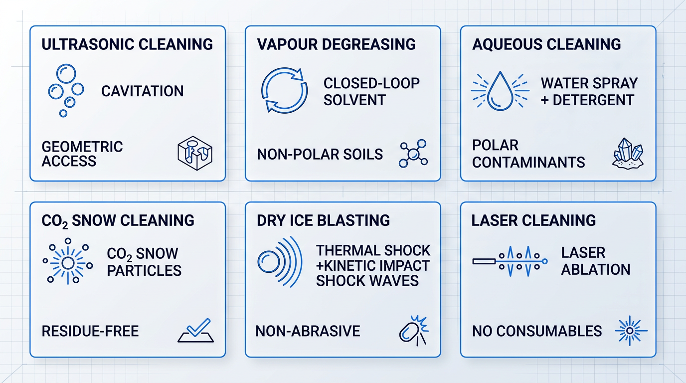 Six aerospace cleaning technologies displayed in a 2x3 grid showing each method's mechanism and key characteristic: ultrasonic cleaning with cavitation for geometric access, vapour degreasing with closed-loop solvent for non-polar soils, aqueous cleaning with water spray for polar contaminants, CO₂ snow cleaning with particles for residue-free results, dry ice blasting with thermal shock for non-abrasive cleaning, and laser cleaning with ablation requiring no consumables.