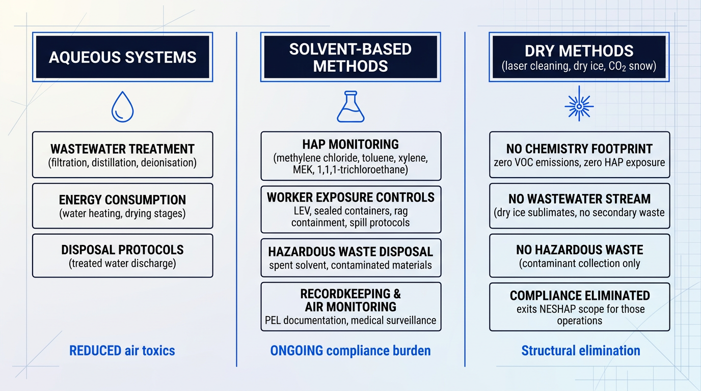 Three-column compliance comparison: aqueous systems show wastewater treatment and energy burden; solvent-based methods display HAP monitoring, worker exposure controls, and hazardous waste disposal requirements; dry methods eliminate chemistry footprint entirely with zero emissions and no hazardous waste.