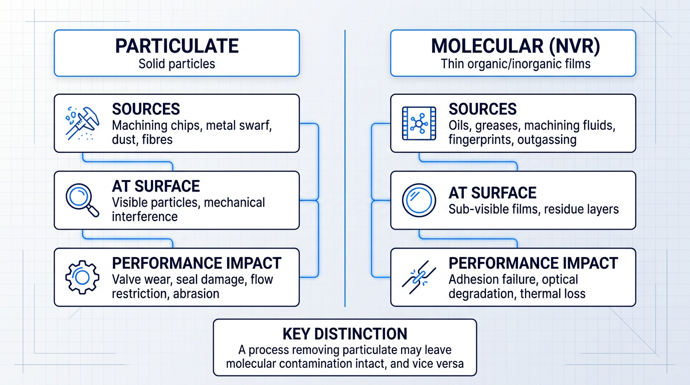 Two-column comparison diagram distinguishing particulate and molecular contamination in aerospace cleaning: left column shows particulate sources (machining chips, dust), surface manifestation (visible particles), and performance impacts (valve wear, seal damage); right column shows molecular/NVR sources (oils, greases, fingerprints), manifestation (sub-visible films), and impacts (adhesion failure, optical degradation); centered note explains both require different cleaning approaches.