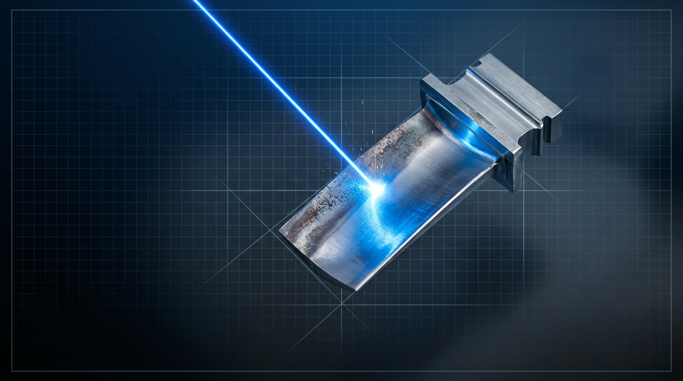 Aerospace turbine blade positioned at 45 degrees under electric blue laser beam striking the metallic surface, showing stark contrast between oxidized and cleaned titanium with glowing contact point in dark industrial workspace.