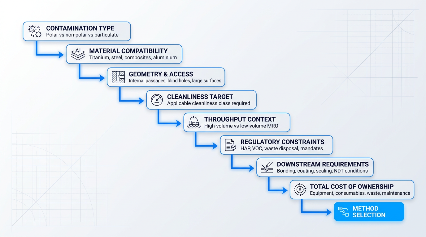 Eight-step sequential decision framework showing contamination type, material compatibility, geometry and access, cleanliness target, throughput context, regulatory constraints, downstream requirements, and total cost of ownership as progressive filtering gates for aerospace cleaning method selection.