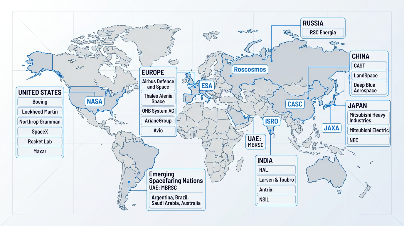 World map showing seven major spacecraft manufacturing regions with institutional anchors: NASA (US), ESA (Europe), Roscosmos (Russia), CASC (China), JAXA (Japan), ISRO (India), and emerging nations (UAE, South Korea, others) with primary industrial partners labeled in containers.