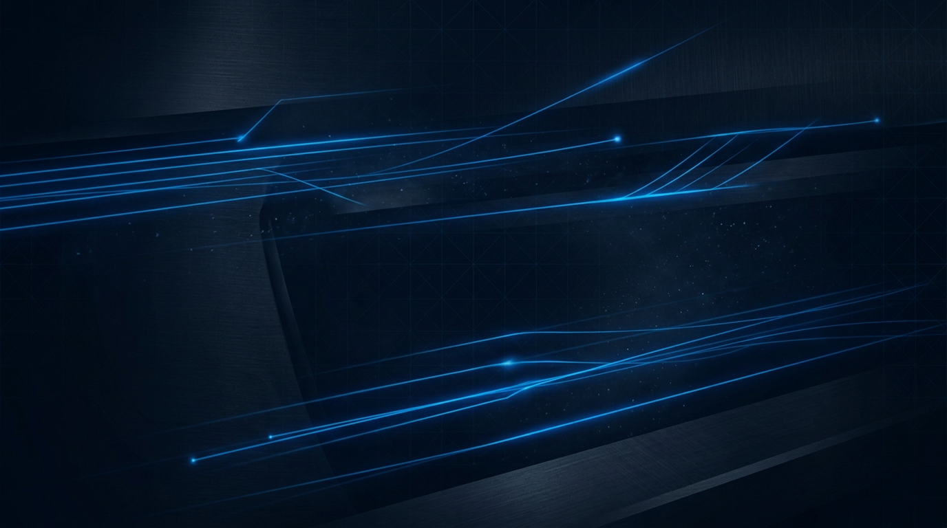 Dark industrial metal surface with streaking electric blue light beams and fiber optic glow creating atmospheric precision laser technology aesthetic.