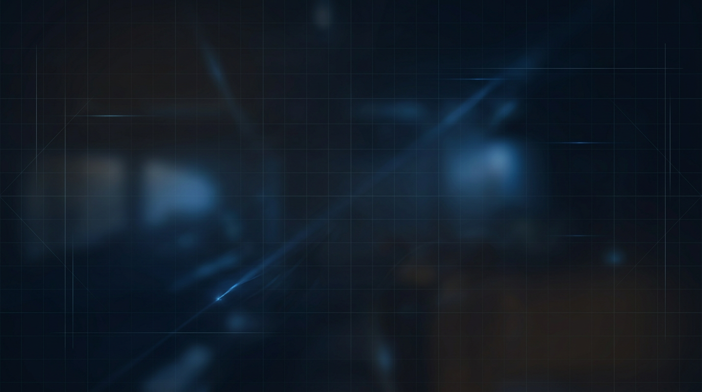 Dark industrial background with electric blue laser light streaks and fiber optic glow effects, subtle geometric grid pattern, and thin technical construction lines suggesting precision technology.