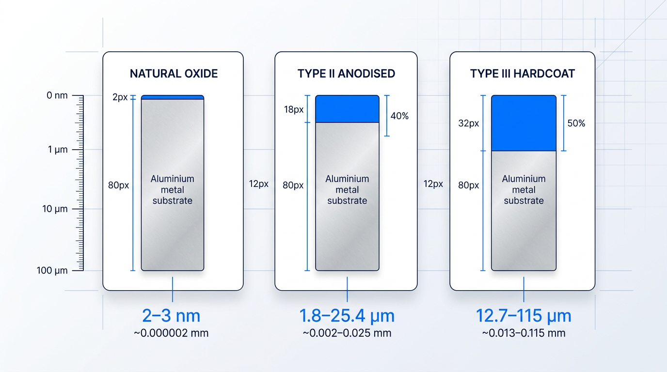 Three-column comparison of aluminium oxide layer thicknesses: natural oxide (2–3 nm), Type II anodised (1.8–25.4 µm), and Type III hardcoat (12.7–115 µm), scaled proportionally with penetration depths into the substrate.