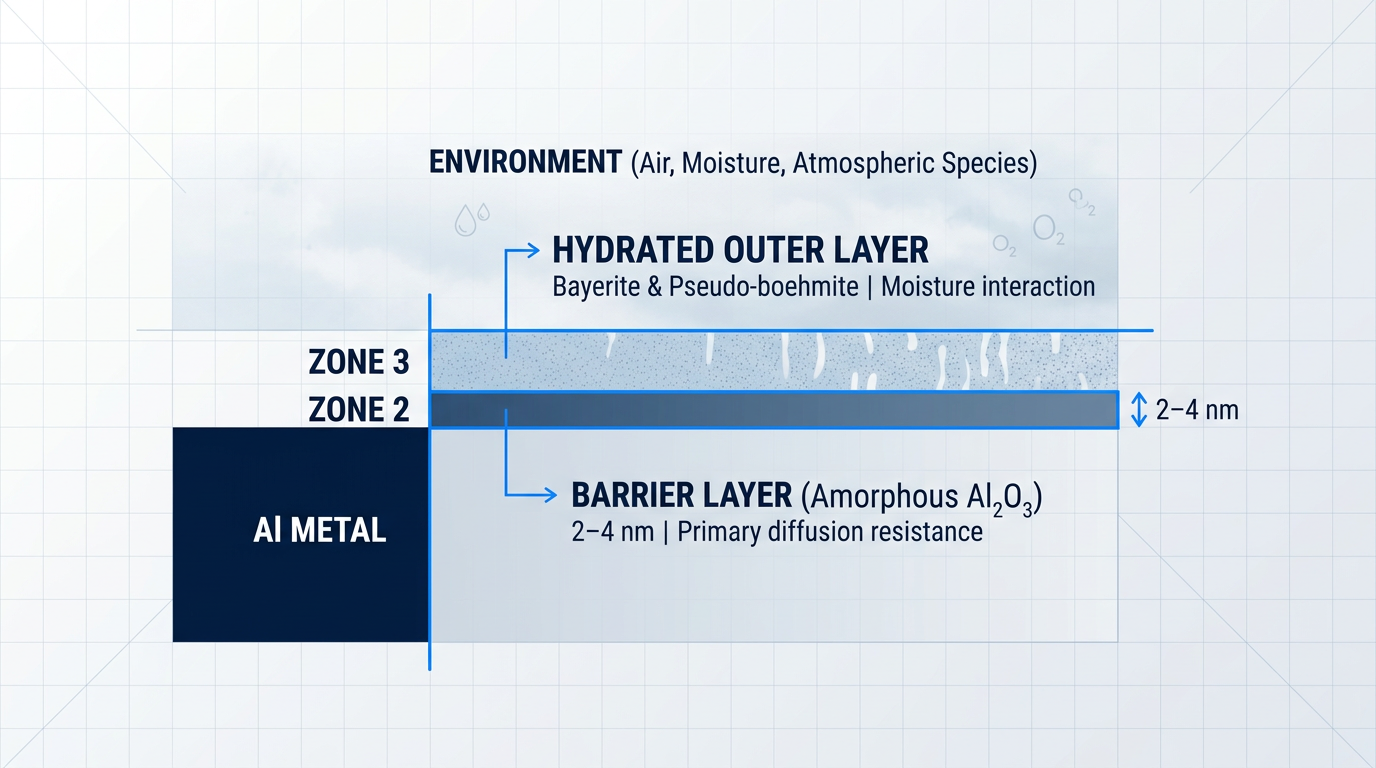 Cross-sectional diagram of natural aluminium oxide film structure showing three layers: aluminium metal base, compact barrier layer of amorphous Al₂O₃ (2–4 nm), and porous hydrated outer layer in contact with environment.
