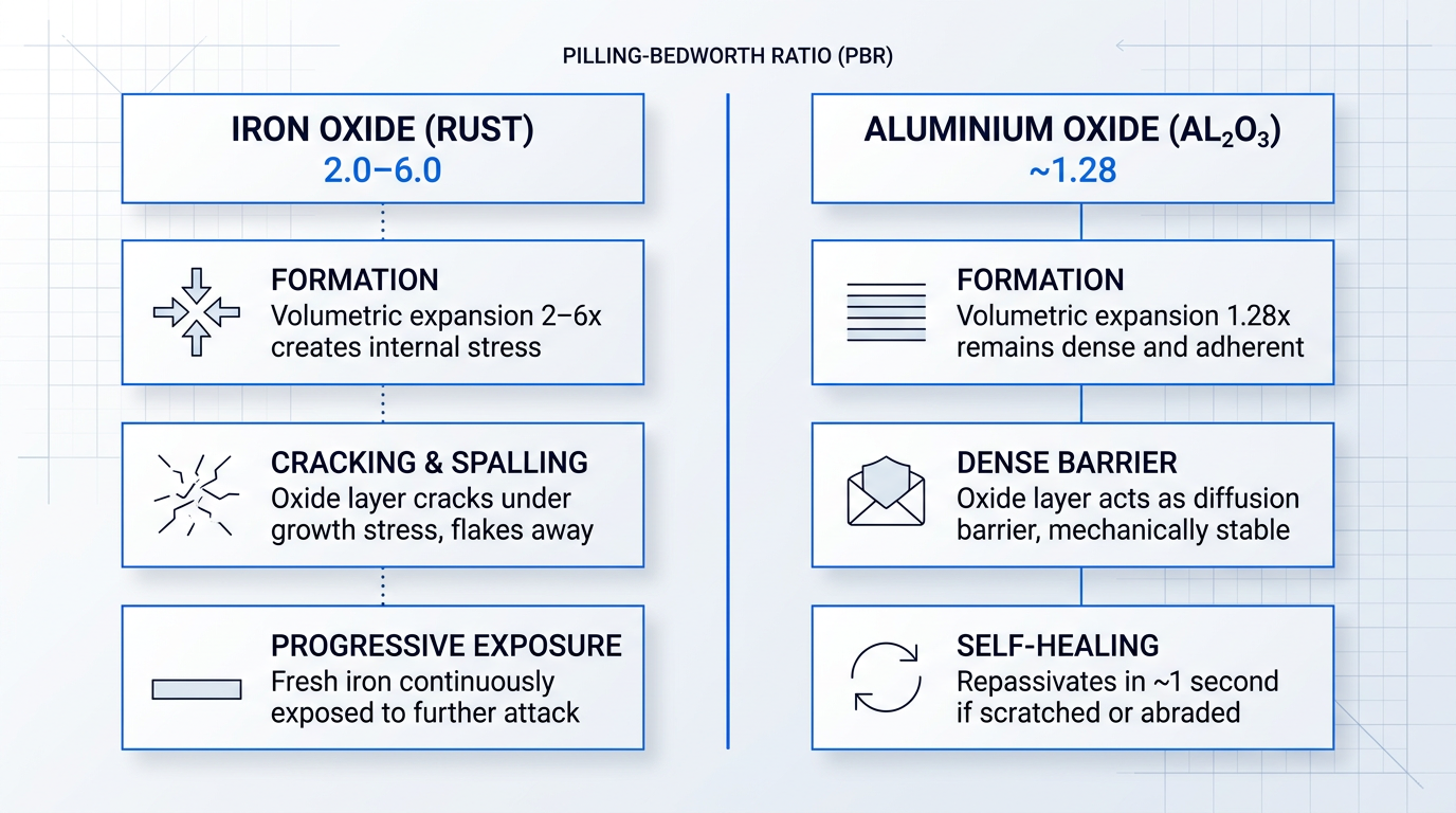 Two-column comparison diagram contrasting iron oxide and aluminium oxide: left column shows iron oxide's PBR of 2.0–6.0 causing cracking, spalling, and progressive metal exposure; right column shows aluminium oxide's PBR of ~1.28 producing a dense, adherent, self-healing protective layer.