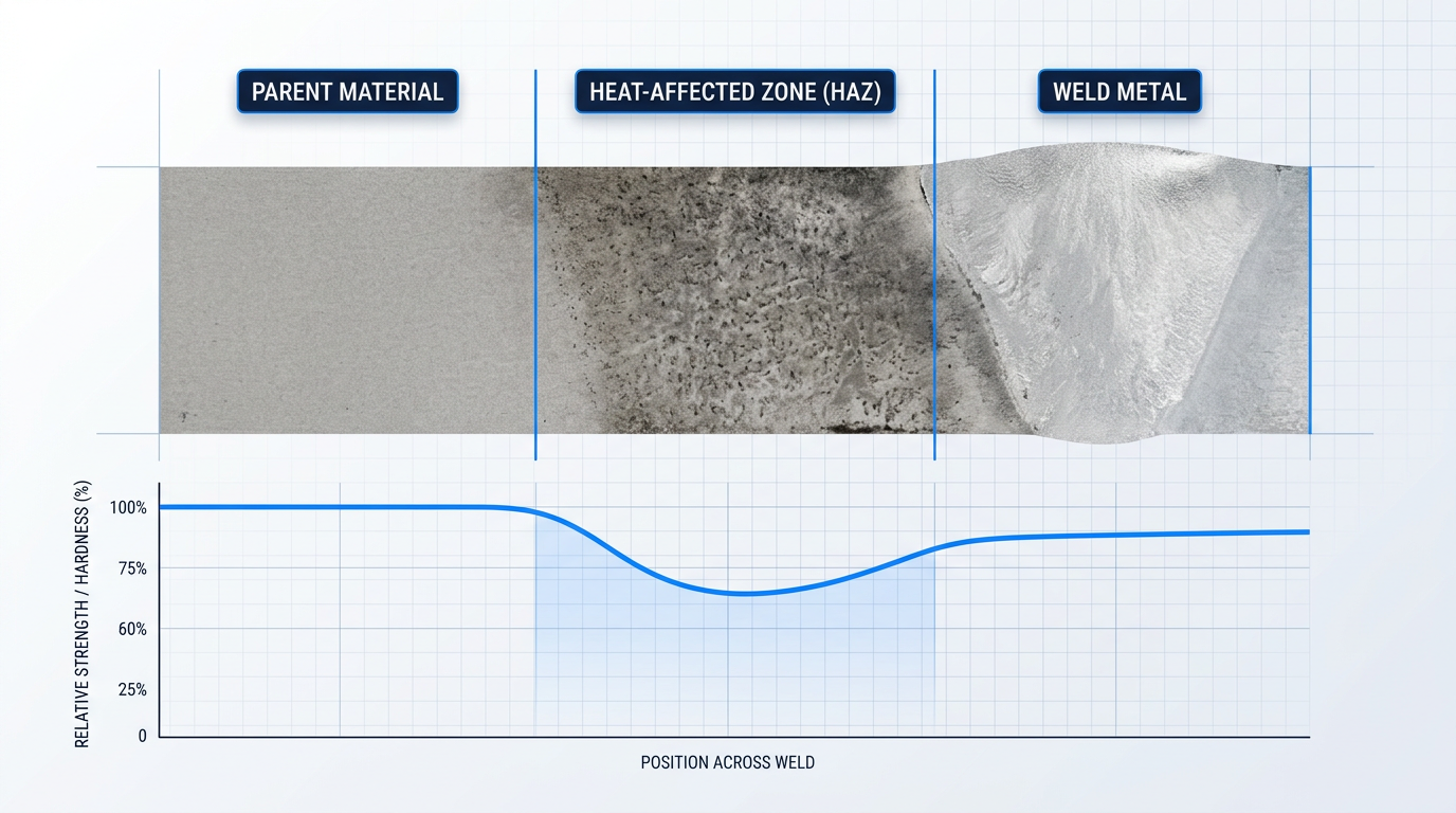 Cross-section of welded 6061-T6 aluminium showing three zones: parent material at full strength, heat-affected zone with characteristic softness trough, and weld metal. Strength curve below shows 100% hardness in parent material dropping to 65-75% in HAZ, recovering to 85-90% in weld metal.