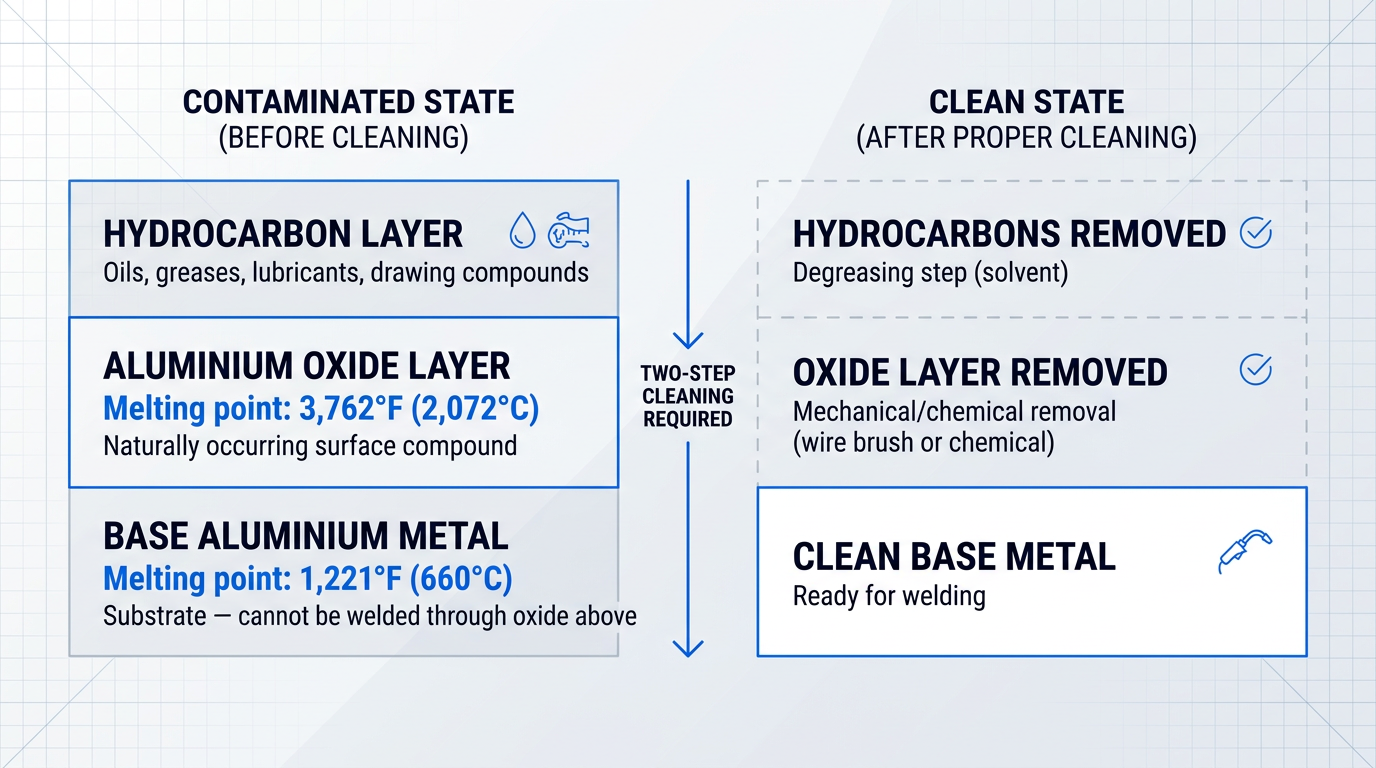 Cross-sectional diagram of aluminium surface showing three contamination layers before cleaning: hydrocarbon layer, aluminium oxide layer, and base metal; and three corresponding layers after cleaning with hydrocarbons and oxide removed, leaving clean base metal ready for welding.