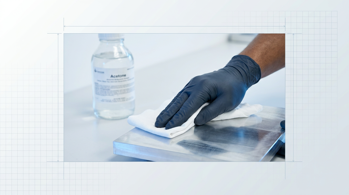 Gloved hand wiping polished aluminum workpiece with lint-free cloth; acetone solvent container visible on workbench in bright technical workshop setting.