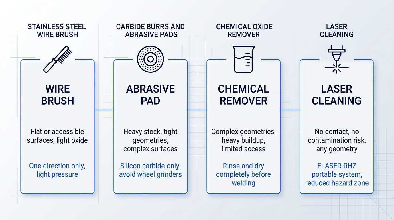 Four-column comparison of aluminum oxide removal methods: wire brush for flat surfaces, abrasive pad for heavy stock, chemical remover for complex geometries, and laser cleaning for contact-free processing.