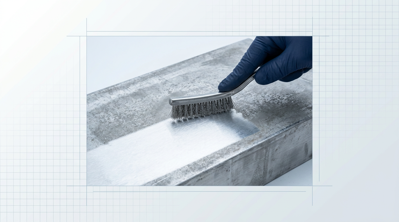 Gloved hand brushing aluminum workpiece with stainless steel wire brush, showing bright matte cleaned section contrasting against duller oxidized grey area.