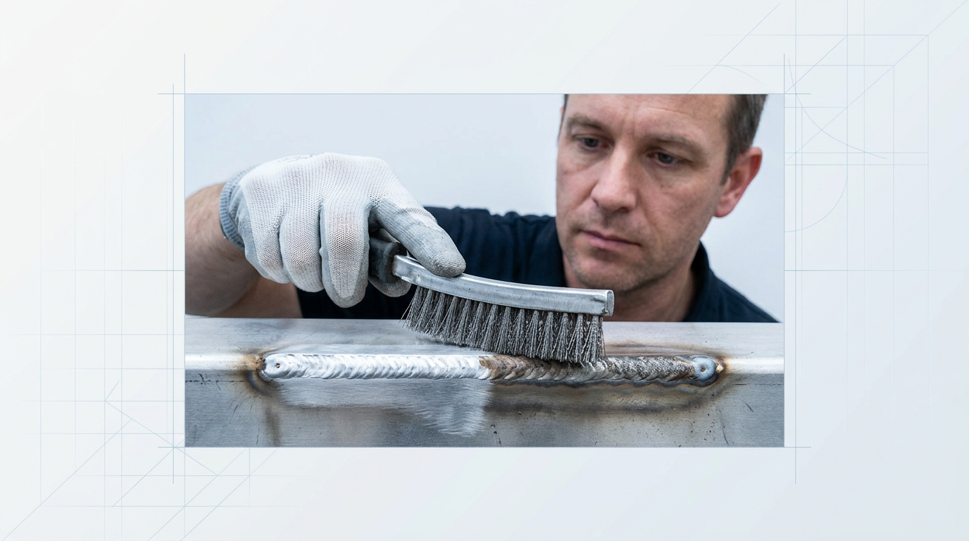 Gloved hand applying stainless steel wire brush to aluminium weld bead, with cleaned bright metal visible on one side and dark oxide discolouration on the other, showing post-weld cleaning technique in workshop setting.