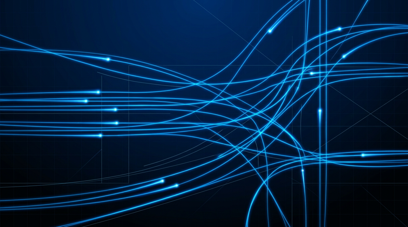 Deep dark background with intersecting glowing electric blue optical fiber strands carrying luminous light pulses, suggesting active broadband light transmission and fiber optic networks.