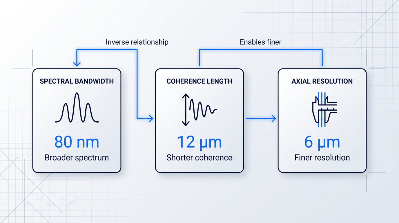 Three-stage flow diagram showing spectral bandwidth (80 nm) inversely connecting to coherence length (12 µm), which enables axial resolution (6 µm) in ASE broadband light sources.