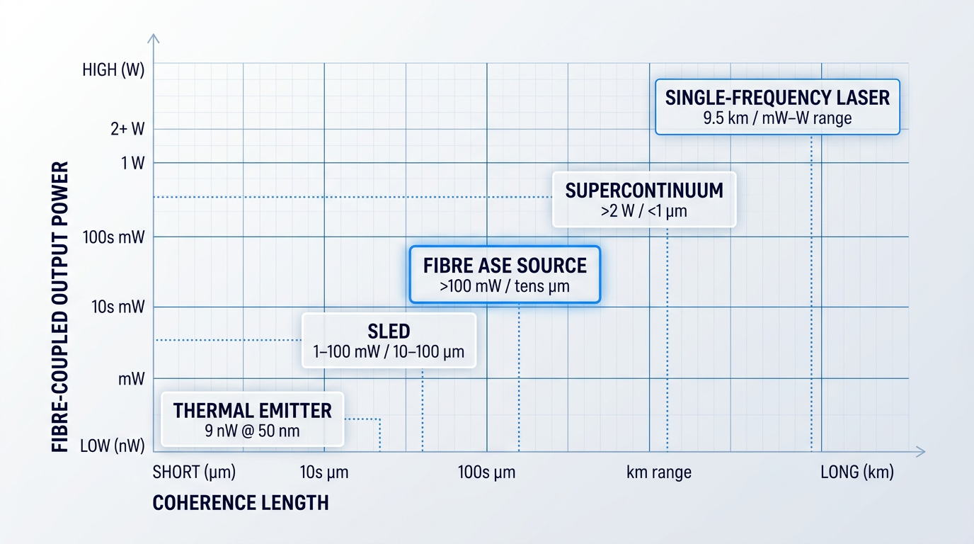 Two-axis trade-off diagram plotting five light source types: thermal emitter (bottom-left), SLED (lower-center), fibre ASE source (center), supercontinuum source (right-center), and single-frequency laser (top-right). X-axis shows coherence length from short micrometres to long kilometres; y-axis shows fibre-coupled output power from nanoWatts to Watts.