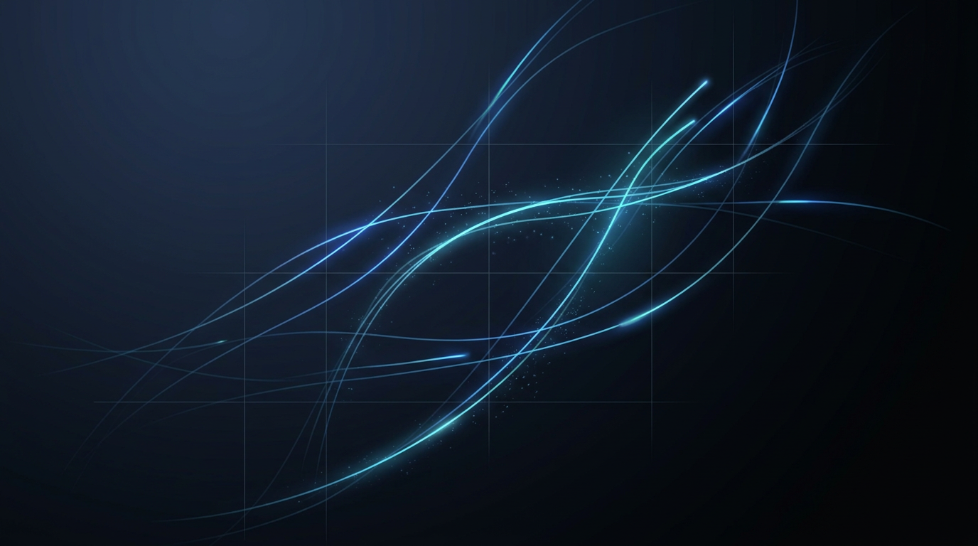 Deep navy gradient background with glowing electric blue and cyan optical fiber strands crisscrossing through dark space, suggesting photonic light transmission and precision engineering.