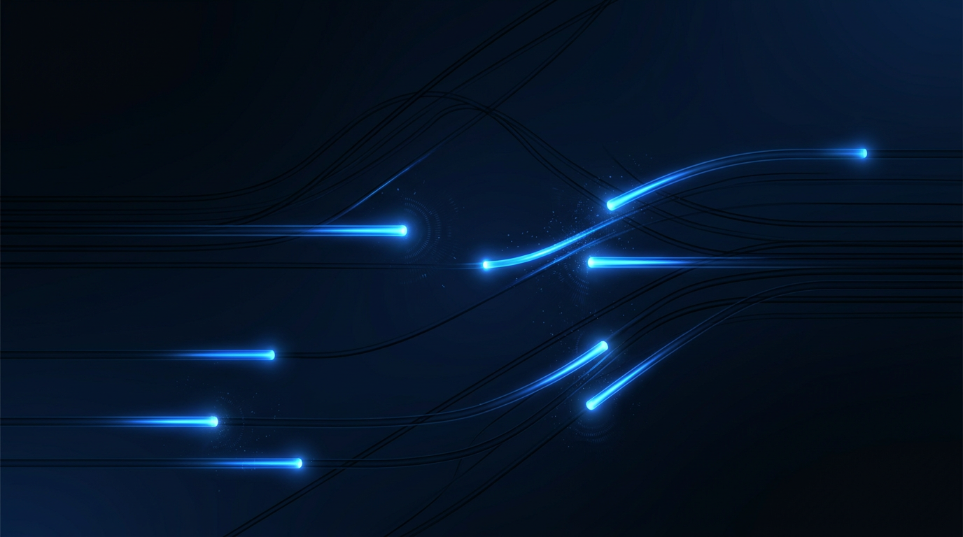 Dark optical fiber strands with glowing electric blue light pulses traveling through them, representing signal transmission and photonic communication.