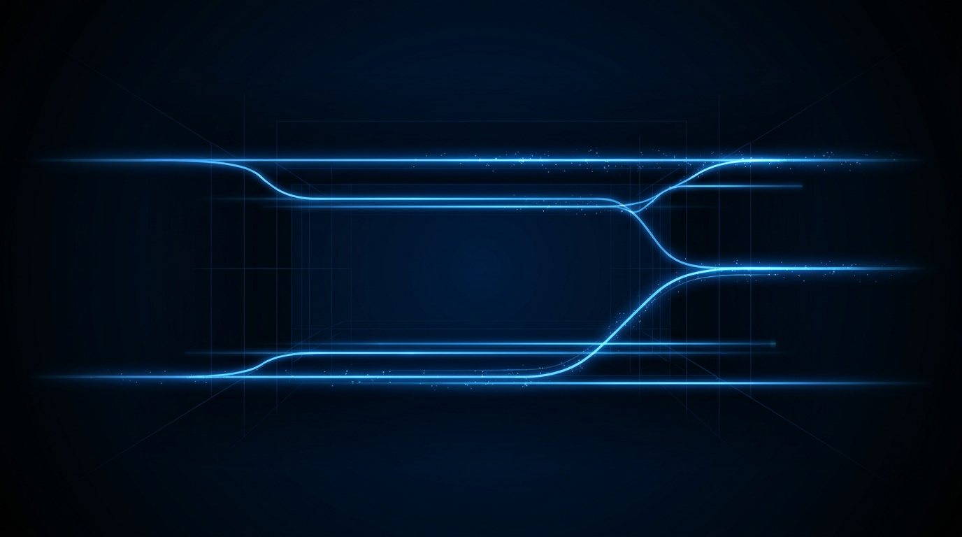 Deep dark optical cavity with glowing electric blue fiber optic strands and laser light paths branching across the composition, faint particle scatter visible along luminous pathways, suggesting controlled signal amplification in an EDFA system.