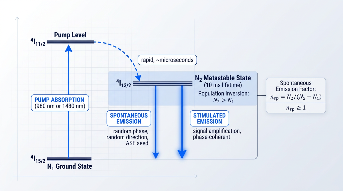 Energy diagram showing Er³⁺ three-level system with ground state, metastable state, and pump level connected by four transitions: pump absorption, non-radiative decay, spontaneous emission, and stimulated emission, illustrating population inversion and ASE noise generation.
