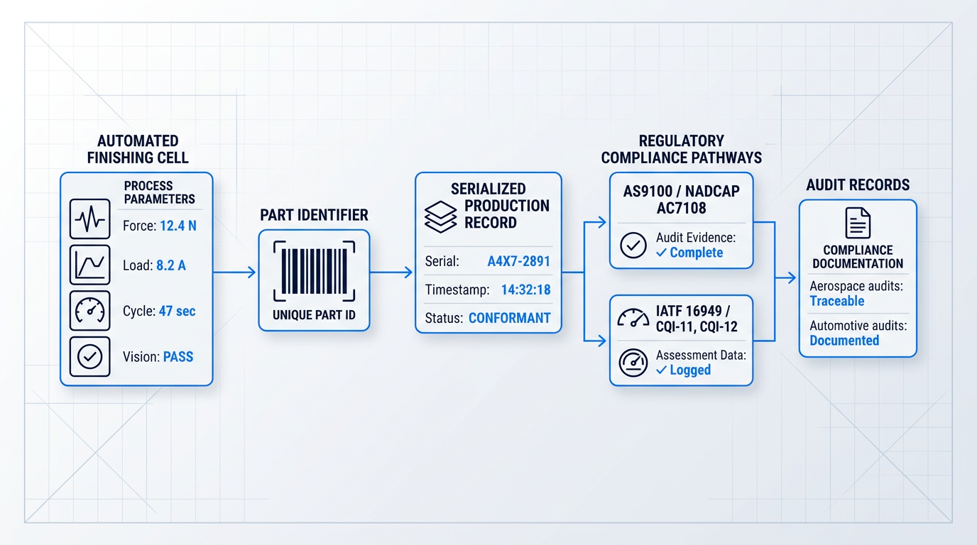 Five-stage process flow diagram showing data progression from automated finishing cell through part serialization to aerospace and automotive compliance documentation pathways.