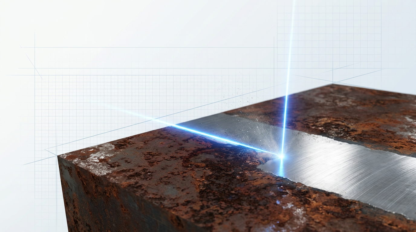 Industrial laser beam cleaning oxidised metal surface, revealing clean bare metal beneath the rust-contaminated layer with stark contrast.