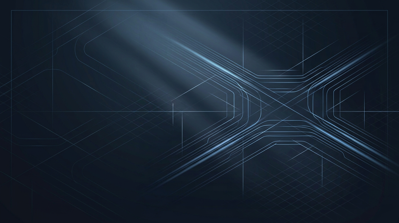 Dark industrial background with converging electric blue light pathways and soft diagonal gradients suggesting multiple automated finishing system routes intersecting at decision points.