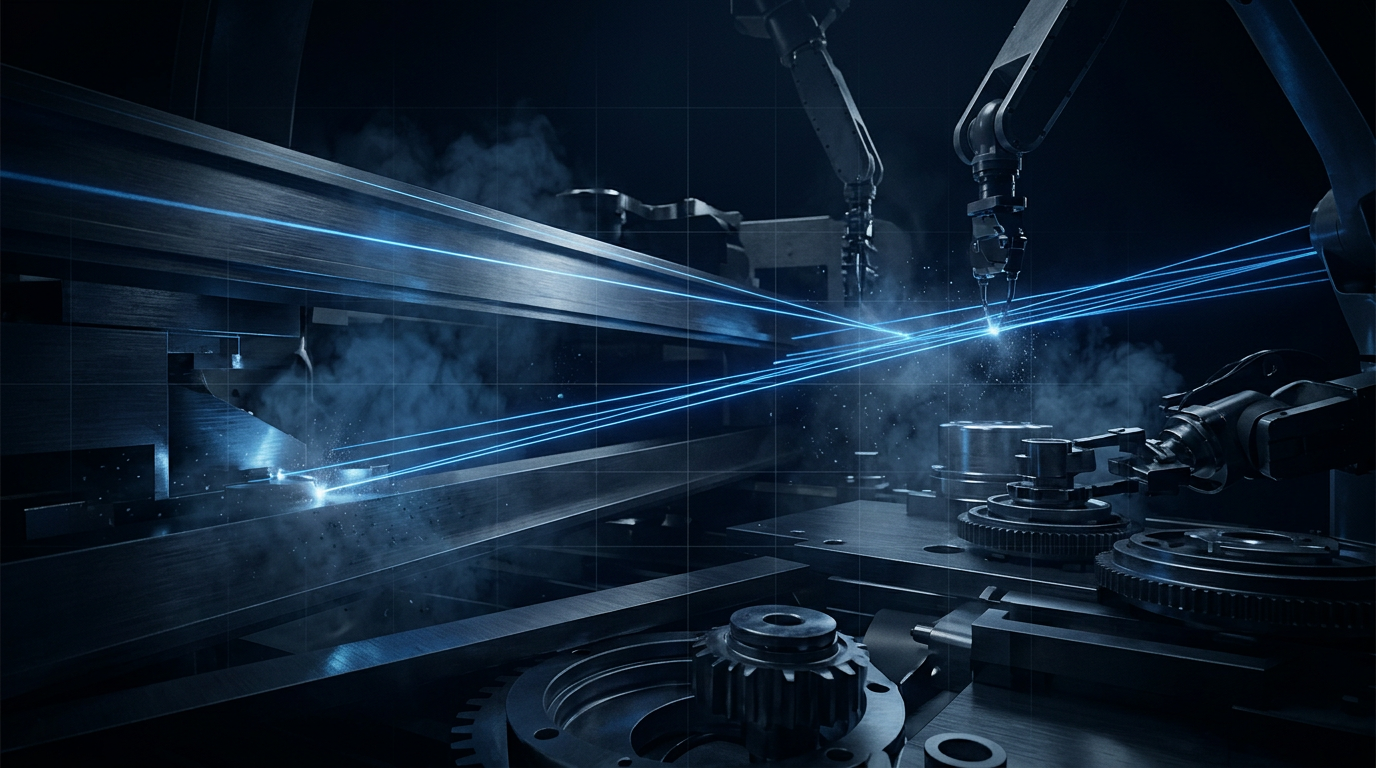 Dark industrial workspace with metallic surfaces, electric blue laser light streaks, and subtle smoke effects suggesting active automated manufacturing and robotic precision work.