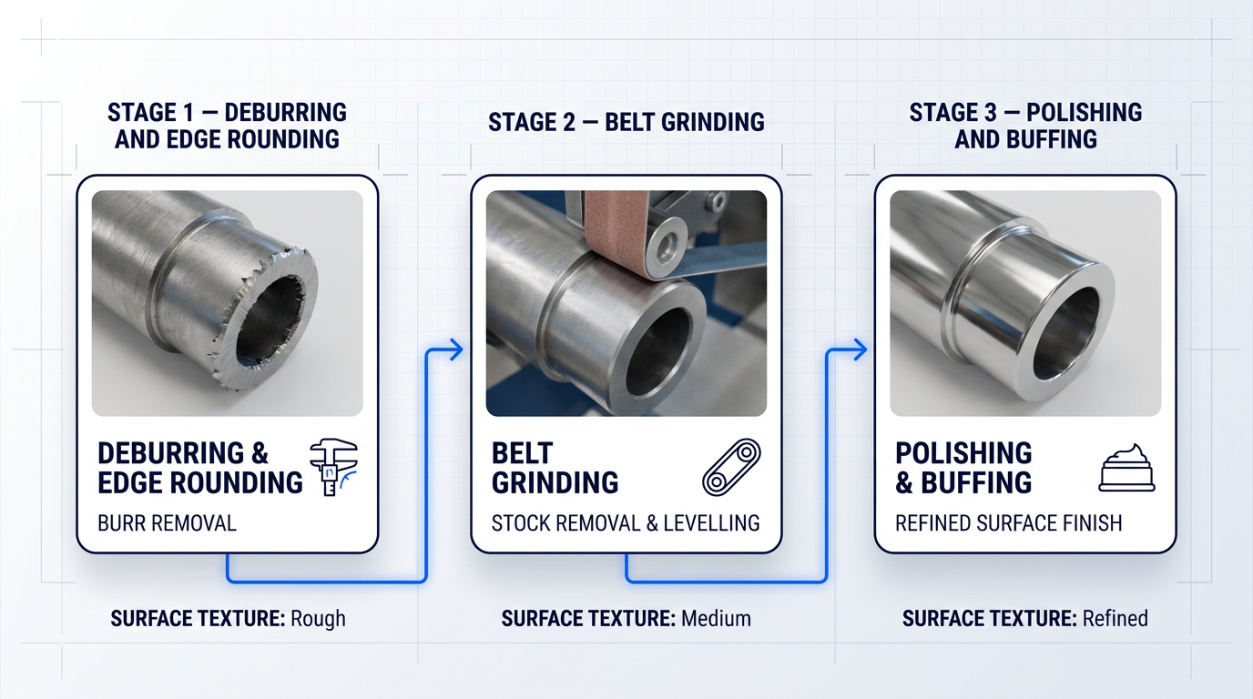 Three-stage mechanical finishing process flow: deburring and edge rounding removing sharp burrs, belt grinding performing stock removal and surface levelling, and polishing and buffing achieving refined reflective finish.