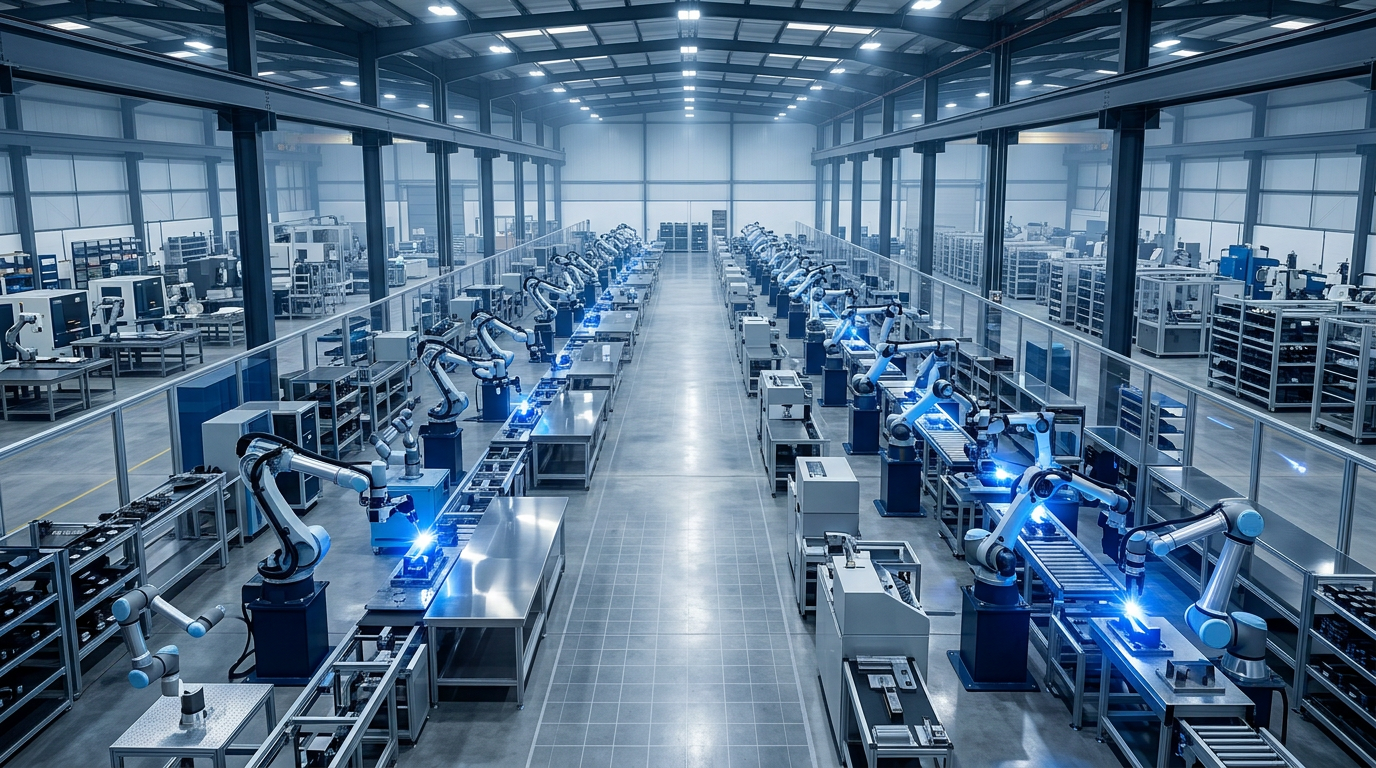 Modern automated manufacturing facility with robotic arms and finishing stations arranged in organized rows, brightly lit with cool industrial lighting and reflective metal surfaces.