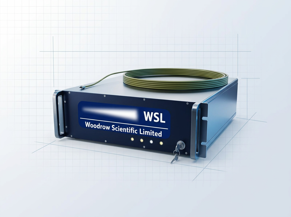 Woodrow Scientific benchtop EDFA instrument with dark navy front panel and WSL logo, fiber delivery cable coiled on top, positioned on neutral surface against light grey gradient background with faint grid pattern.