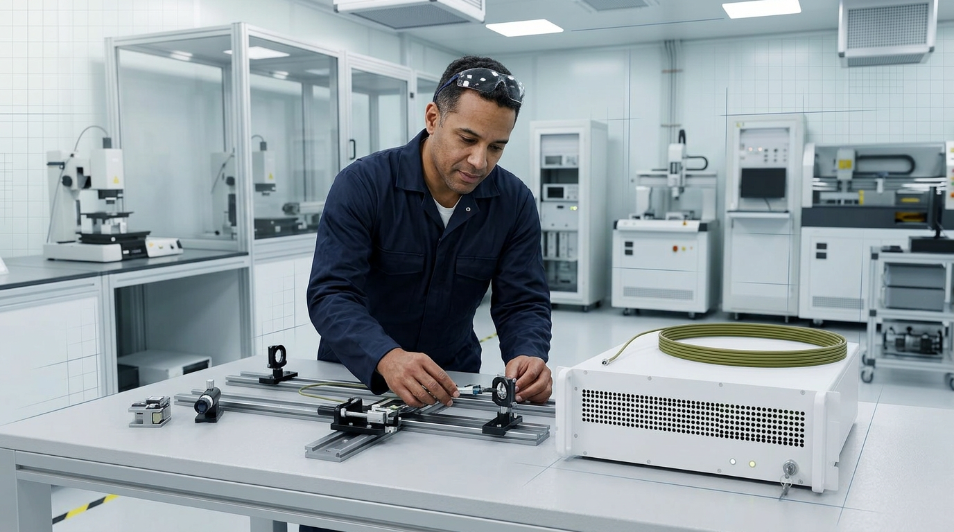 Engineer in navy coveralls adjusting fibre optic components on precision optical bench with mounted rails and optical hardware in bright laboratory setting.