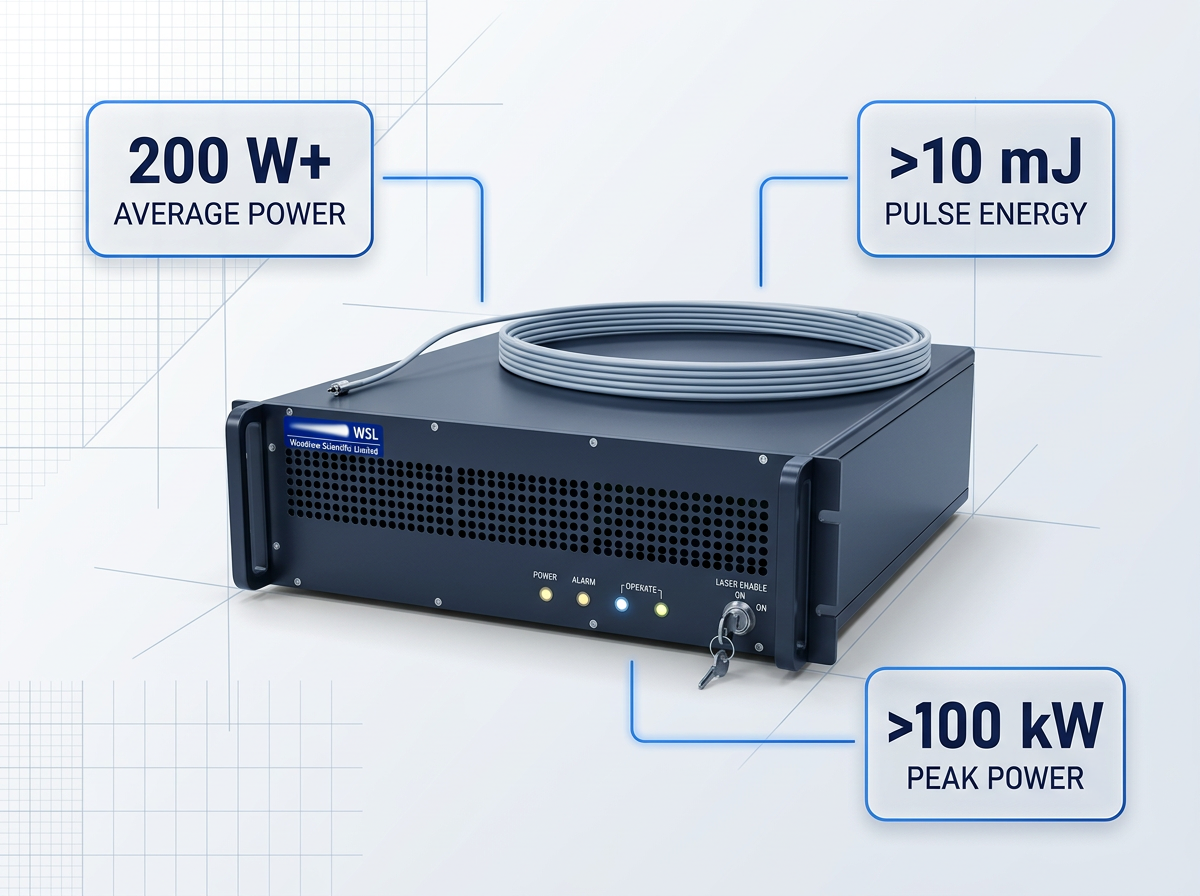 Benchtop EDFA instrument with front control panel and fiber delivery cable, surrounded by three stat badges displaying 200 W+ average power, >10 mJ pulse energy, and >100 kW peak power.