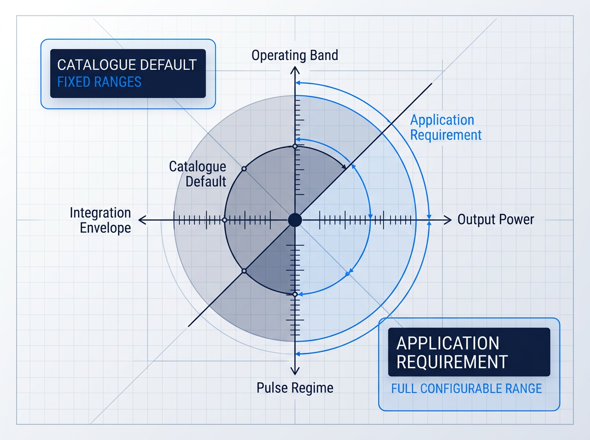 Four-axis radial schematic diagram showing Operating Band, Output Power, Pulse Regime, and Integration Envelope parameters. Left half shaded as Catalogue Default with narrow fixed ranges; right half shows Application Requirement with full configurable ranges. Diagonal dividing line contrasts constrained supplier defaults against expanded application-specific configuration.