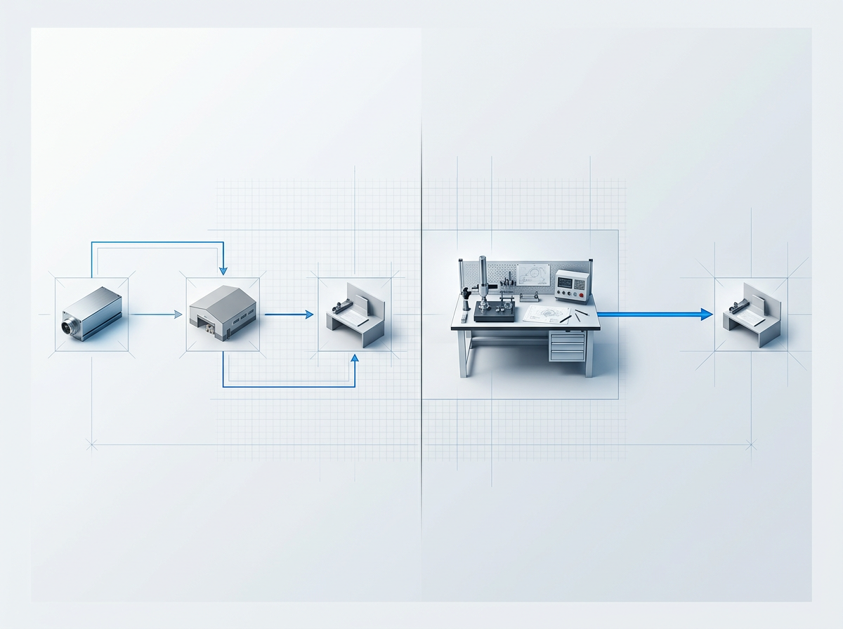Split-scene supply chain comparison: left side shows indirect path through third-party module supplier and reseller to buyer; right side shows direct line from engineering workbench to buyer.