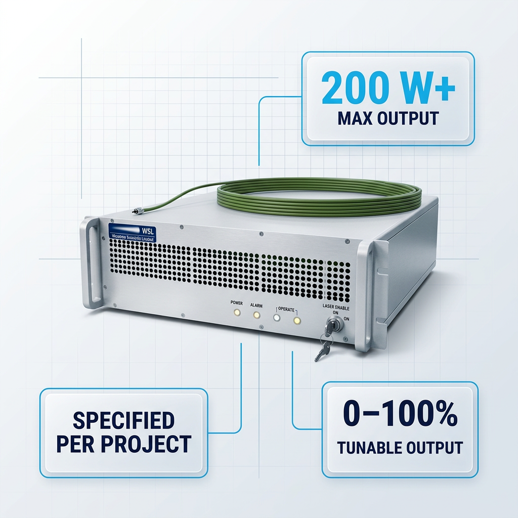 Benchtop EDFA unit with three stat badges: 200 W+ max output, 0–100% tunable output, and specified per project configuration.
