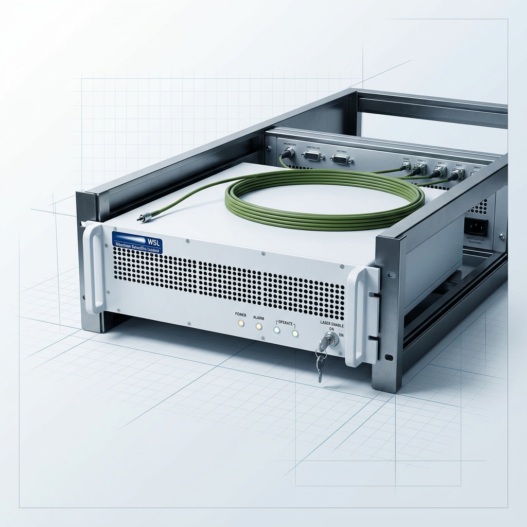 Woodrow Scientific benchtop EDFA unit mounted within a stainless steel system rack, showing faceplate with logo, control connectors, and fibre ports in precision technical workspace.