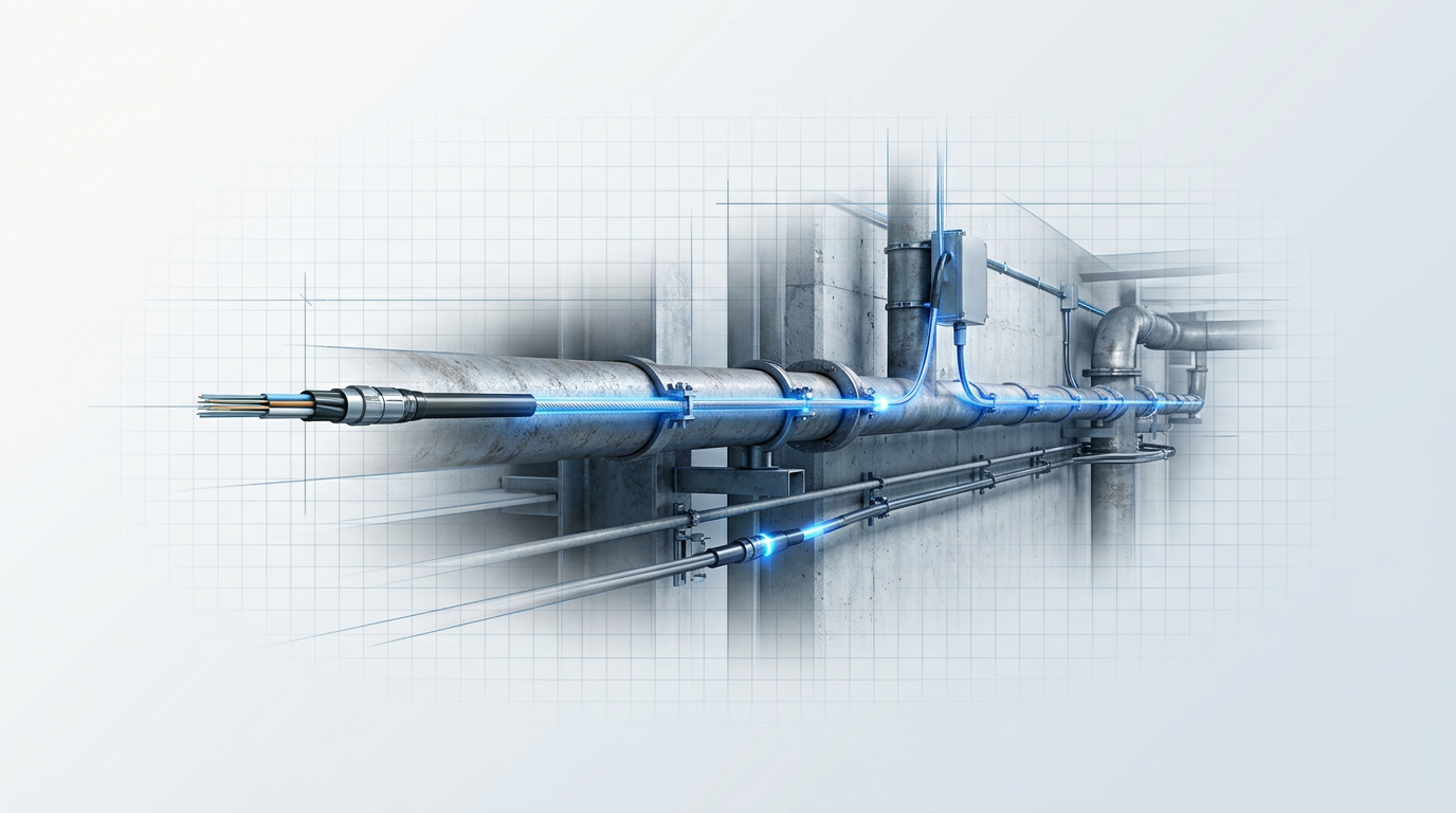 Fibre optic cable routed along underground steel pipeline and concrete infrastructure with electric blue glow at monitoring points, emphasizing distributed acoustic sensing application.