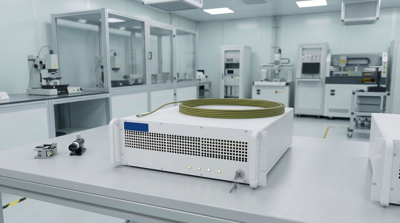 Benchtop EDFA instrument with dark navy chassis and Woodrow Scientific logo on a clean laboratory workbench, fiber delivery cable positioned across the top, bright even lighting with cool cast