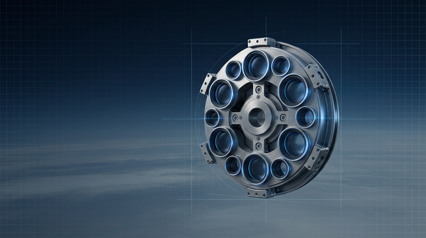 Circular optical sensor aperture array with symmetrical precision-engineered elements and electric blue highlights mounted on airborne platform against dark atmospheric gradient sky.