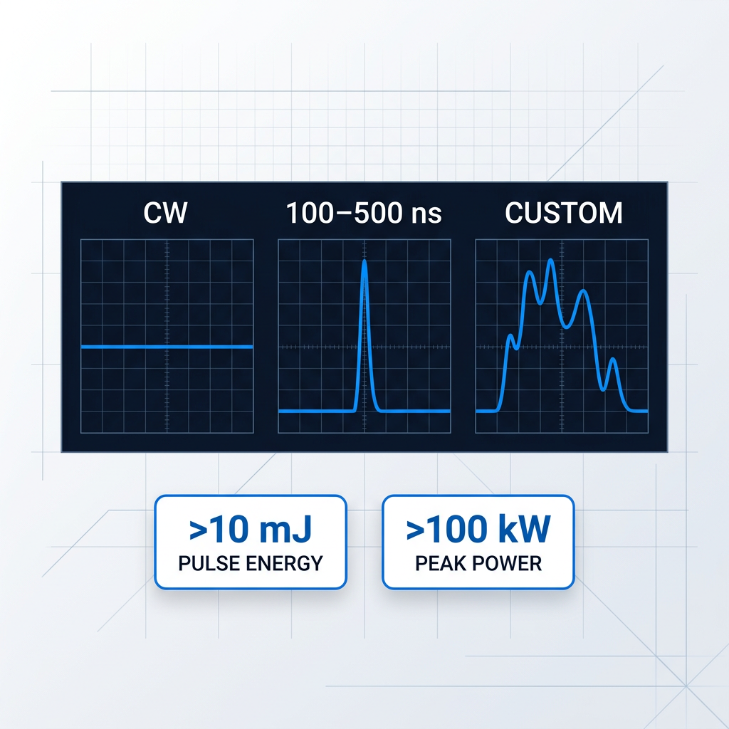 Oscilloscope waveform display showing three pulse profiles: flat continuous wave line, sharp nanosecond spike, and irregular custom pulse shape. Below, stat badges show pulse energy above 10 mJ and peak power above 100 kW.