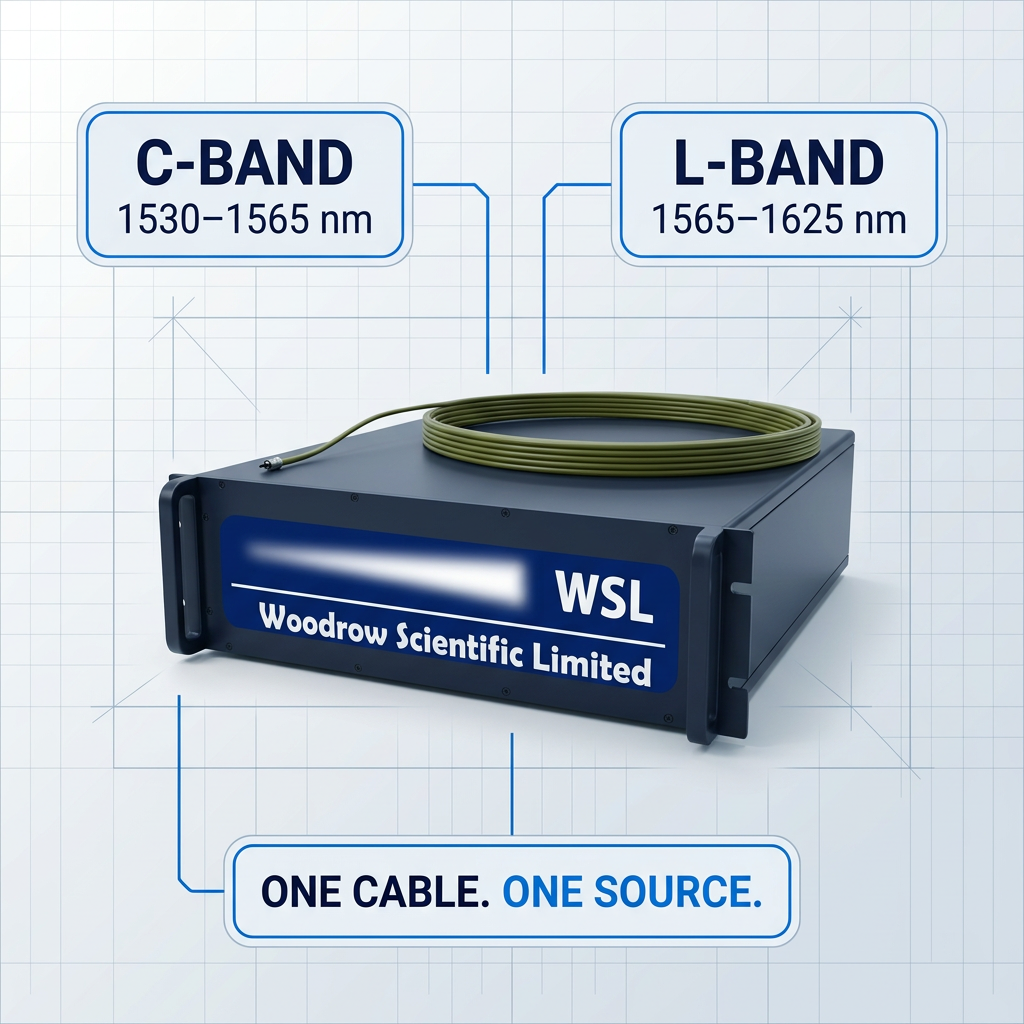 Benchtop EDFA unit with single output cable, labeled with C-band 1530–1565 nm and L-band 1565–1625 nm wavelength ranges, and 'One cable. One source.' badge emphasizing dual-band single-source architecture.