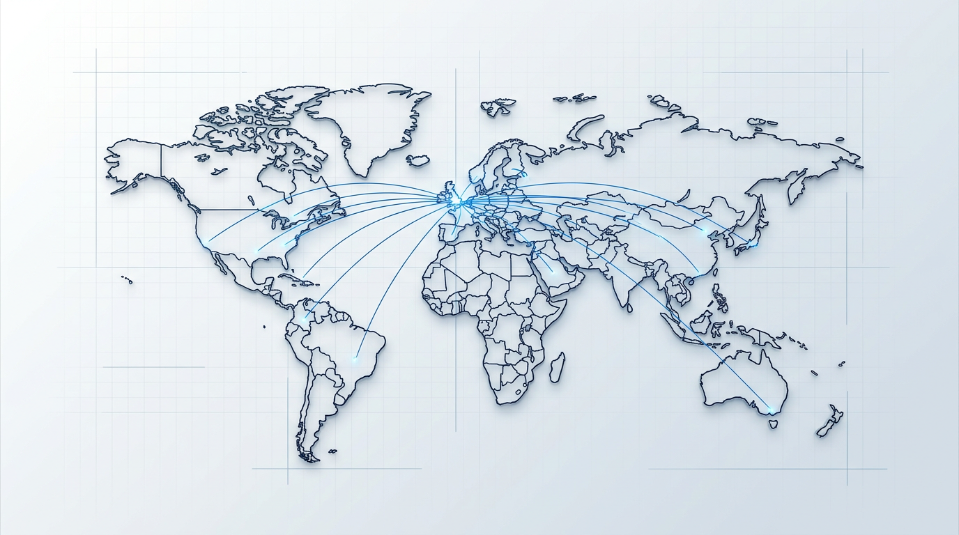 Stylized world map with navy continents and electric blue connection lines radiating from multiple points, representing global supply routes from UK manufacturing origin.