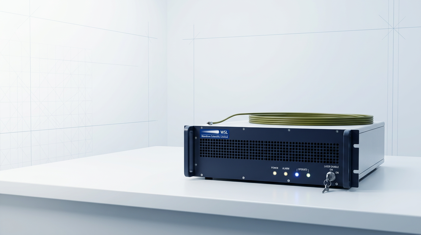 Benchtop EDFA instrument with dark navy front panel and blue WSL logo, positioned on white laboratory bench with fiber delivery cable across top, bright studio lighting against light grey gradient background.