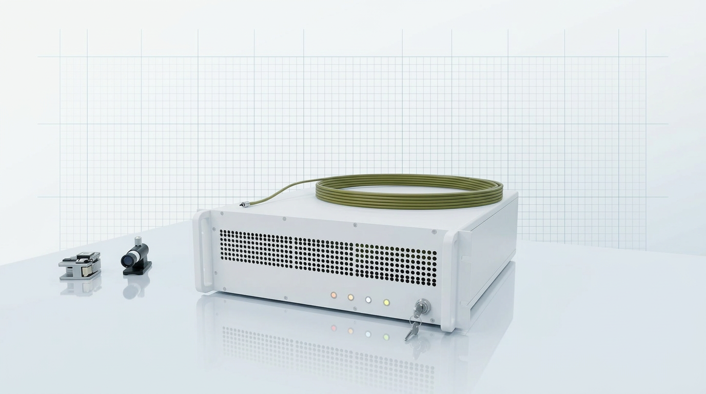 Benchtop EDFA unit with WSL logo on clean laboratory benchtop under bright studio lighting, fibre cable visible on top.