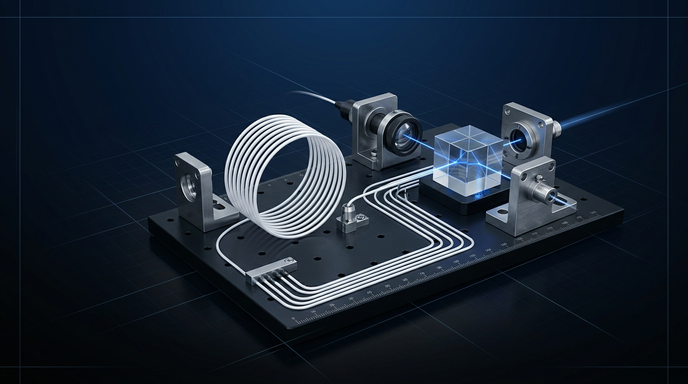 Precision optical bench assembly with white fibre coil, glass beam splitter cube, collimating lens, and stainless steel mounting hardware on dark baseplate, with electric blue laser light at 1550 nm visible at beam splitter interaction point.